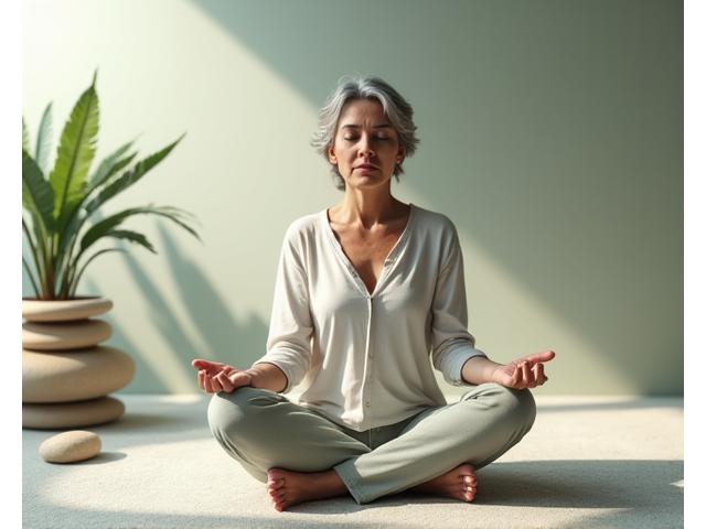 Persona meditando en una postura serena, con las manos en mudra, en un entorno natural y tranquilo, transmitiendo paz mental.