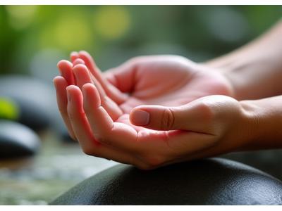 Manos en posición de meditación rodeadas de una luz suave y elementos naturales