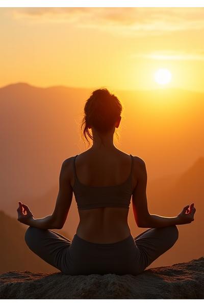 Mujer en una postura de yoga serena en un entorno natural al amanecer