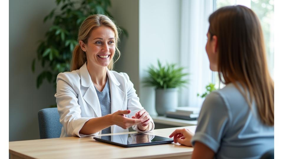 Nutricionista sonriente y atenta de mediana edad interactuando con un cliente en un entorno luminoso y profesional, con una computadora y modelos de alimentos saludables de fondo.