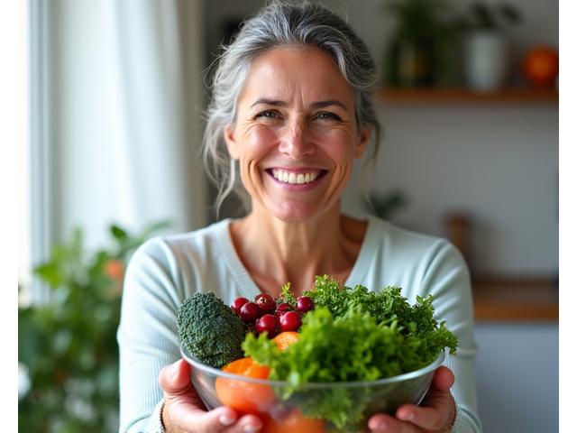 Mujer sonriente de mediana edad con un recipiente lleno de vegetales frescos, mostrando vitalidad y salud natural. Los colores de los vegetales son vibrantes y el fondo es luminoso.
