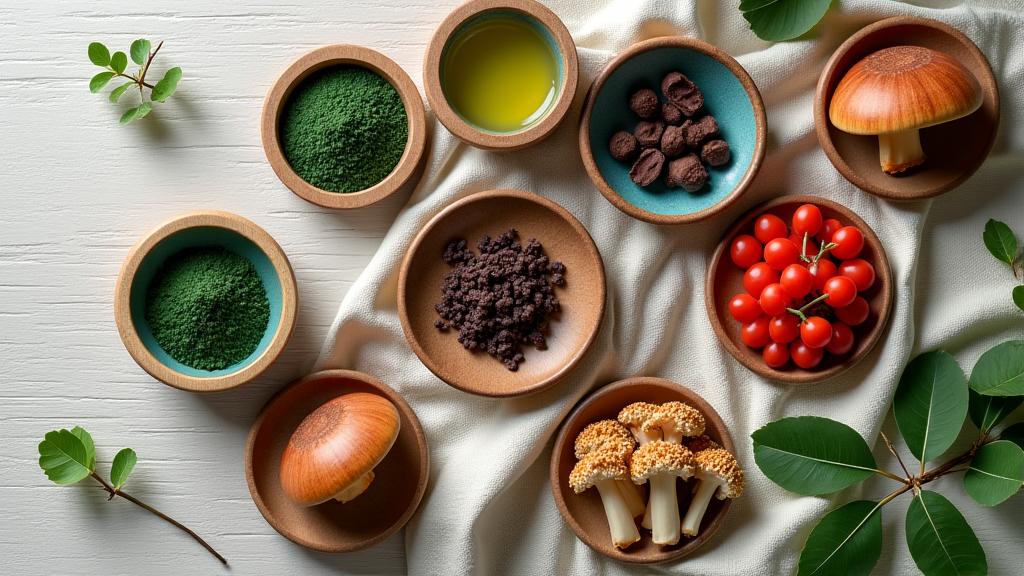 Variedad de superalimentos y adaptógenos en cuencos de madera, incluyendo bayas de goji, espirulina en polvo, cacao nibs y raíces de adaptógenos, sobre una superficie natural.