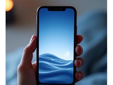 Smartphone mostrando una aplicación de meditación con olas suaves y luna.