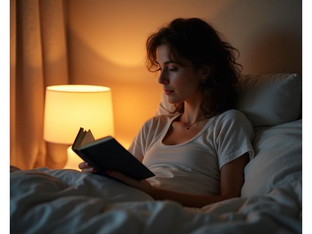 Persona leyendo tranquilamente en la cama con luz suave antes de dormir