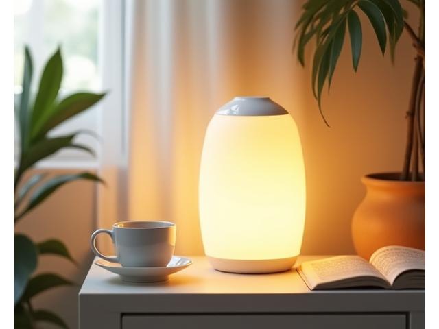 Lámpara de terapia de luz diurna, simulando la luz solar para mejorar el ánimo y el ritmo circadiano.