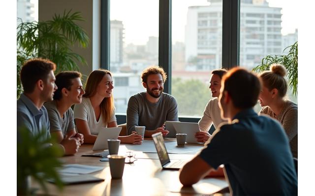 Equipo de Vida Serena colaborando en un espacio de trabajo moderno y lleno de luz natural en Madrid, riendo y demostrando un ambiente de trabajo positivo.